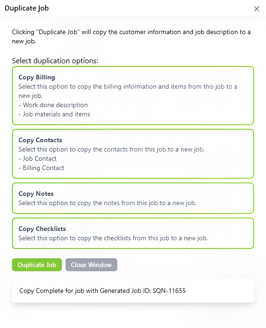The Duplicate Job add-on dialog in ServiceM8